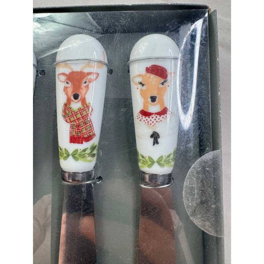 Threshold Holiday Cheese Knife Set 4pc‎ Porcelain Santa Reindeer Christmas New